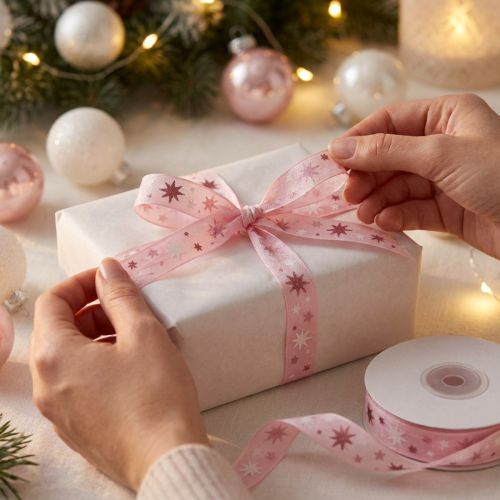 Nastro regalo natalizio nastro rosa motivo stella 15 mm 20 m | Floristik24.it