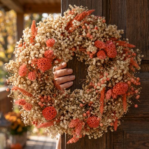 Corona decorativa di fiori secchi corona di fiori arancione crema Ø25cm | Floristik24.it