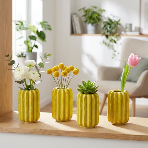 Prodotto Vaso in ceramica a forma di cactus, design con struttura scanalata per la vita moderna, 13 cm, 4 pezzi