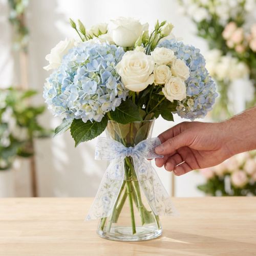 Prodotto Nastro in organza con fiori, blu, nastro decorativo, tessuto in organza, larghezza 40 mm, lunghezza 15 m