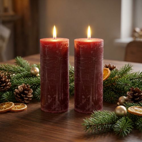 Candele a colonna rosso scuro effetto marmo, 85x200 mm, set da 2 – lunga durata di combustione per romanticismo e festività | Floristik24.it