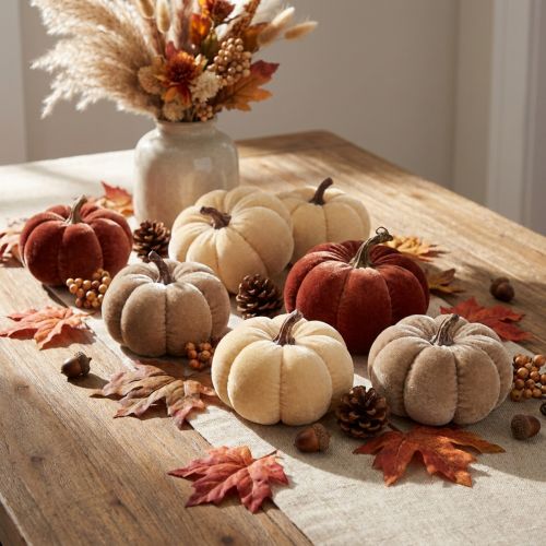 Decorazioni a forma di zucca, zucche in tessuto, gialle, beige, marrone rossiccio, Ø7cm, 9 pezzi | Floristik24.it