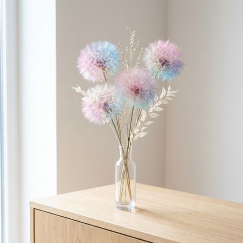 Prodotto Decorazione di tarassaco, fiore essiccato, stabilizzato e tinto, delicato, resistente, 12 cm, 4 pezzi