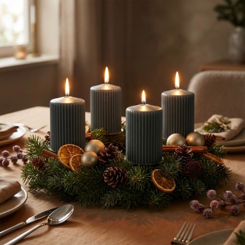 Candele a colonna antracite, candele scanalate, 70/90 mm, set da 4, decorazioni dell'Avvento | Floristik24.it