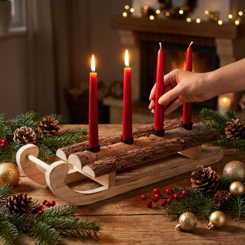 Prodotto Slitta decorativa in corteccia di legno 4 portacandele 40×12,5 cm