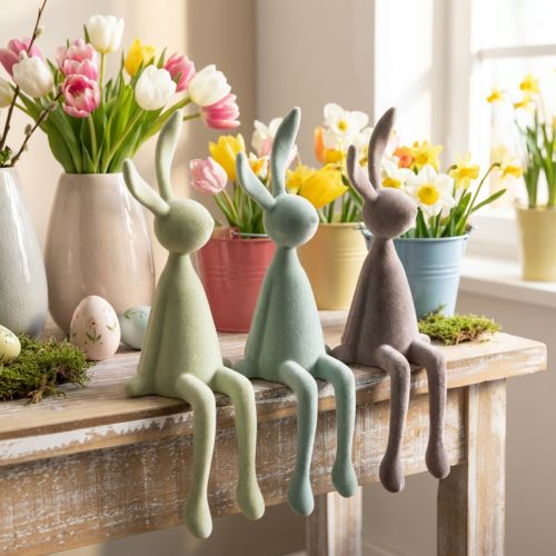 Decorazione coniglietto pasquale, coniglietti seduti, floccati, verde/marrone, 36 cm, 3 pezzi | Floristik24.it