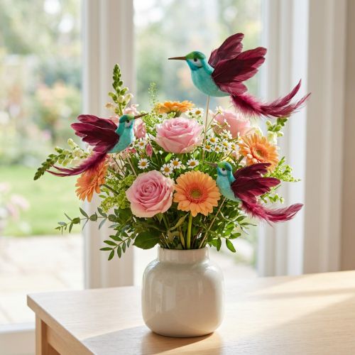 Decorazione colibrì su bastoncino turchese bordeaux 13-15 cmx9-10 cm 6 pz | Floristik24.it