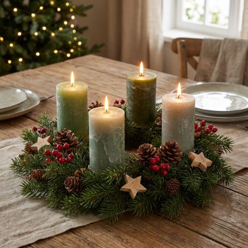 Prodotto Set di candele a colonna, 3 colori, verde, candele in tinta unita, decorazione da tavola, 70x120 mm, 12 pezzi