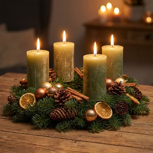 Candele a colonna in tinta unita, verde oliva, 70×120 mm - Lunga durata di combustione 53 ore, set da 4, marmorizzate per decorazioni e Avvento | Floristik24.it