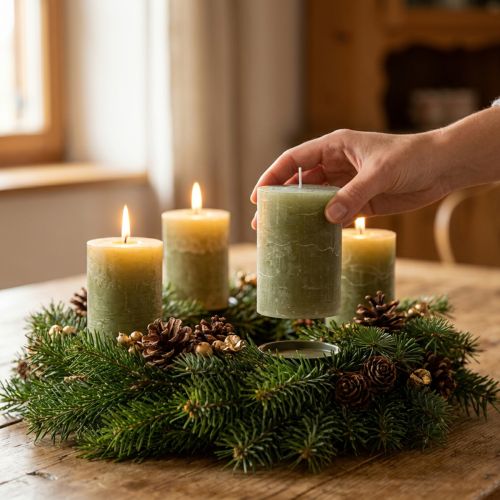 Candele a colonna colorate, verde oliva, 70x100 mm, set da 4, lunga durata di combustione, cera di alta qualità | Floristik24.it