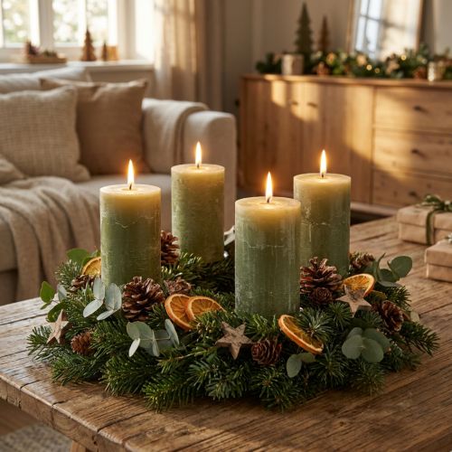 Candele a colonna verde oliva tinta unita 60×100 mm, set da 4, stile country, boho, Avvento | Floristik24.it