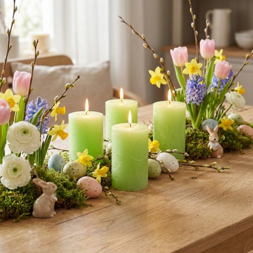 Candele a colonna tinte verde lime, 70x100 mm, set da 4, lunga durata, decorazione pasquale | Floristik24.it