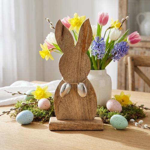 Coniglietto pasquale in legno con uova in metallo, decoro tavola pasquale H31cm | Floristik24.it