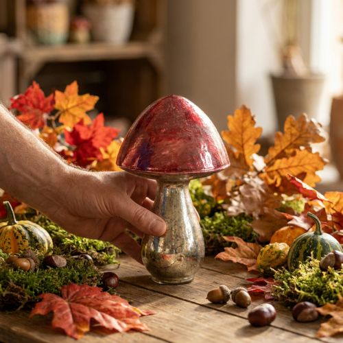 Fungo decorativo in vetro rosso, decorazione autunnale, Ø14cm H23cm | Floristik24.it