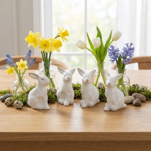 Decorazione pasquale in ceramica a forma di coniglietto, in oro bianco, altezza 7,5 cm, 4 pezzi | Floristik24.it