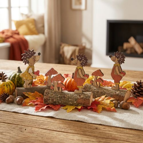 Riccio con funghi figura autunnale riccio in legno giallo/arancione H11cm set da 6 | Floristik24.it
