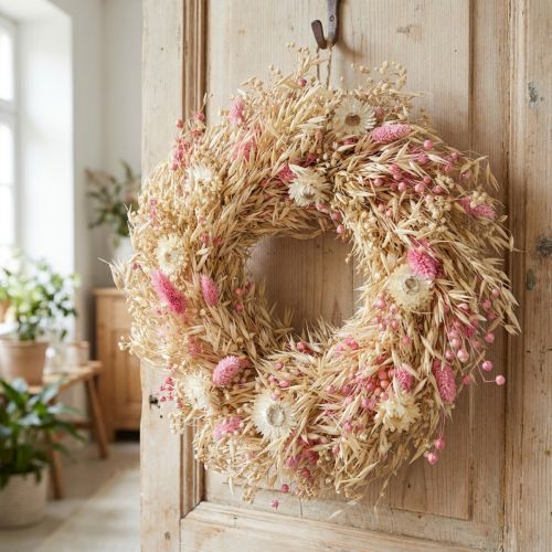 Ghirlanda decorativa, ghirlanda di avena, ghirlanda naturale, fiori di paglia, rosa, Ø29cm | Floristik24.it