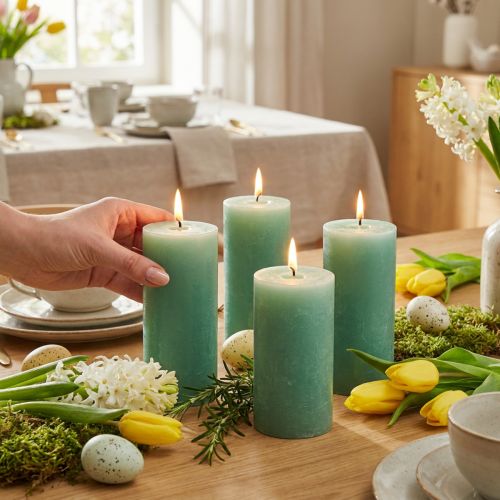 Candele a colonna, tinta unita verde giada chiaro, 70×100 mm, 4 pezzi - Candele decorative di alta qualità per decorazioni da tavola, Pasqua, matrimoni | Floristik24.it