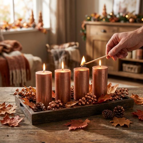 Candele a colonna colorate, rame metallizzato, decorative, 50×100 mm, set da 4 | Floristik24.it