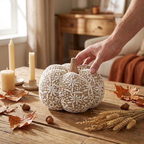 Decorazione a forma di zucca in tessuto, pizzo di iuta, decorazione vintage bianca/beige, Ø18cm | Floristik24.it