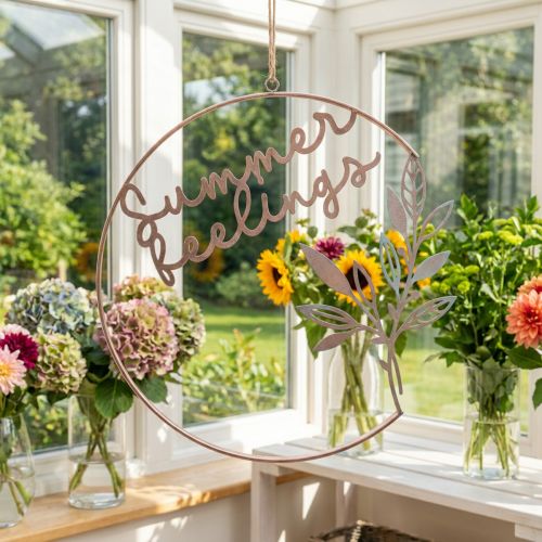 Decorazione da parete "Summer Feelings" anello decorativo, decorazione estiva in metallo da appendere, Ø49cm, rosa metallizzato e turchese | Floristik24.it