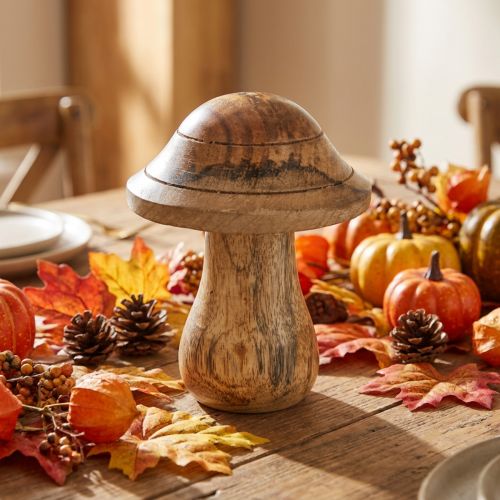 Fungo di legno con scanalature Fungo decorativo autunnale legno di mango naturale 10×Ø8cm | Floristik24.it