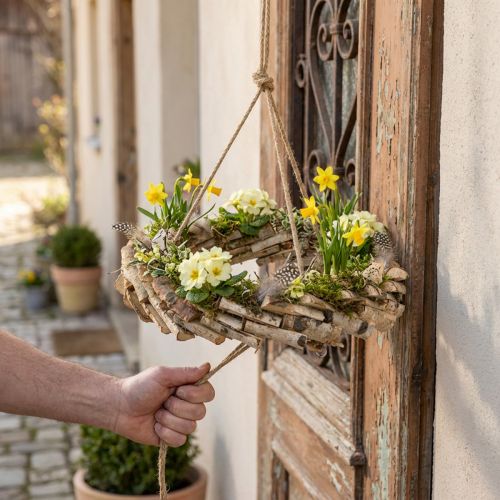 Ghirlanda in legno da appendere con gancio in legno di betulla Ø35cm - Decorazione naturale per la primavera, macramè, fiori ed erbe aromatiche | Floristik24.it