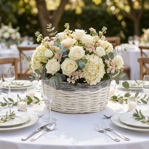 Cestino rotondo decorativo, bianco e marrone, Ø29cm, fioriera intrecciata, regalo, decorazione per matrimoni | Floristik24.it
