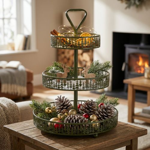 Prodotto Alzata da portata a più livelli in metallo, verde, tre ripiani, decorazione a forma di abete, rotonda, 49 cm