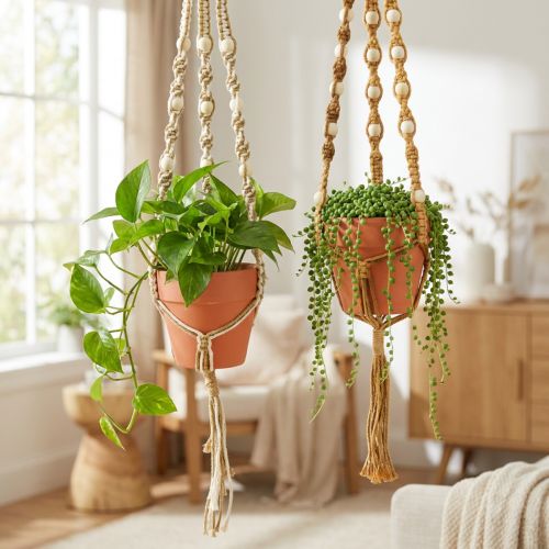 Prodotto Vaso sospeso in macramè vaso sospeso in argilla Ø12,5 cm H75 cm 2 pezzi