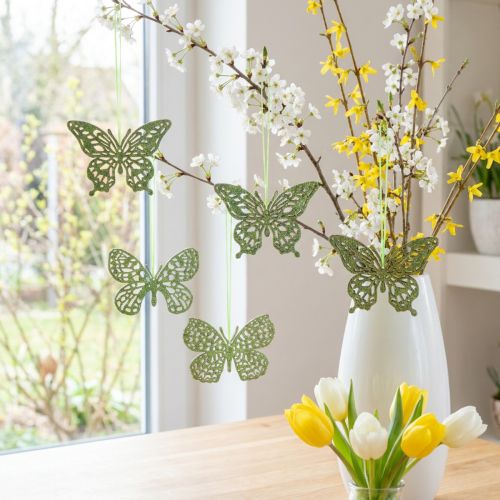 Appendino decorativo farfalla verde glitter 8 cm 12 pz | Floristik24.it