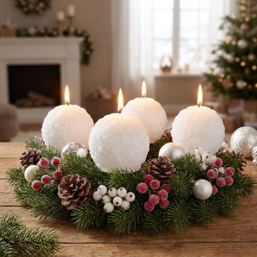 Candele dell'Avvento, design a palla di neve, candele a sfera bianche Ø80mm, set da 4, decorazione natalizia, magia invernale | Floristik24.it