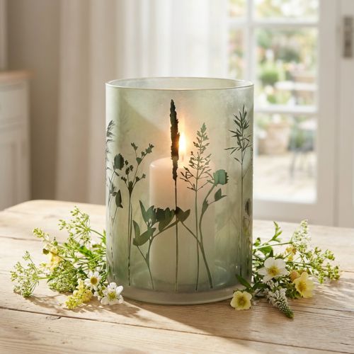 Lanterna grande in vetro decorativo con motivo prato bianco verde H24cm | Floristik24.it