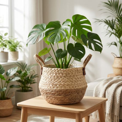 Cestino con manici, fioriera, erba marina, iuta, Ø23cm H20cm, boho chic, arredamento giungla urbana | Floristik24.it