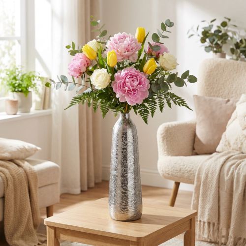 Vaso decorativo vaso da fiori in metallo martellato argento Ø9,5 cm H32 cm | Floristik24.it