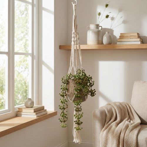 Cesto sospeso in macramè per vaso Ø18-19 cm crema H85 cm | Floristik24.it