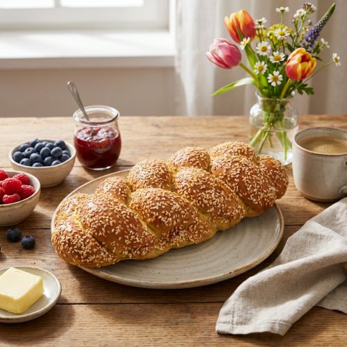 Pane decorativo intrecciato al lievito con semi di sesamo, replica alimentare ingannevolmente realistica per esposizione e decorazione di vetrine, 30 cm | Floristik24.it