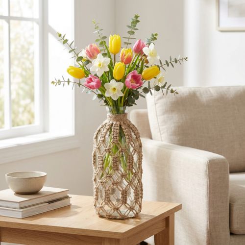 Vaso decorativo in vetro bottiglia macramè iuta naturale Ø10,5 cm H26 cm | Floristik24.it