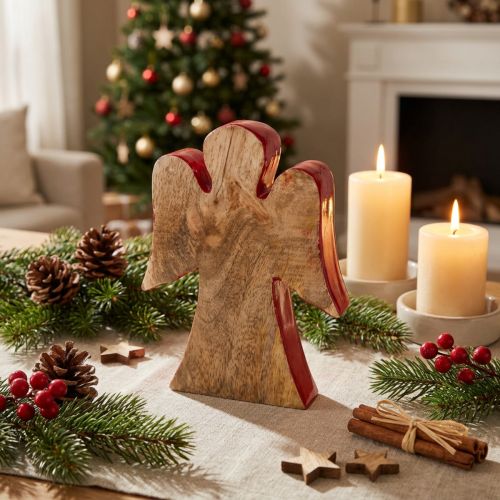 Figura di angelo decorazione legno rosso, natura 15cm | Floristik24.it