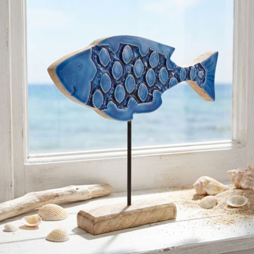 Pesce decorativo marittimo in legno su supporto blu 25 cm × 24,5 cm | Floristik24.it