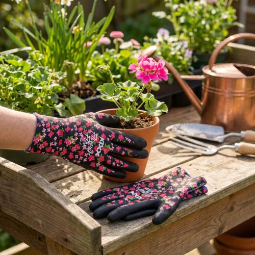 Guanti da giardino Kixx, neri con fiori rosa, taglia 8 | Floristik24.it