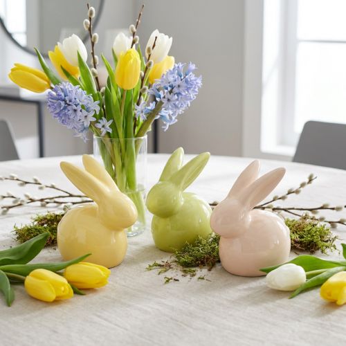 Coniglietto decorativo, giallo, verde, marrone, statuetta moderna in ceramica per Pasqua, 8,5 cm, 3 pezzi | Floristik24.it
