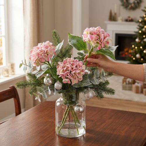 Ortensia rosa con neve 33 cm 4 pz | Floristik24.it