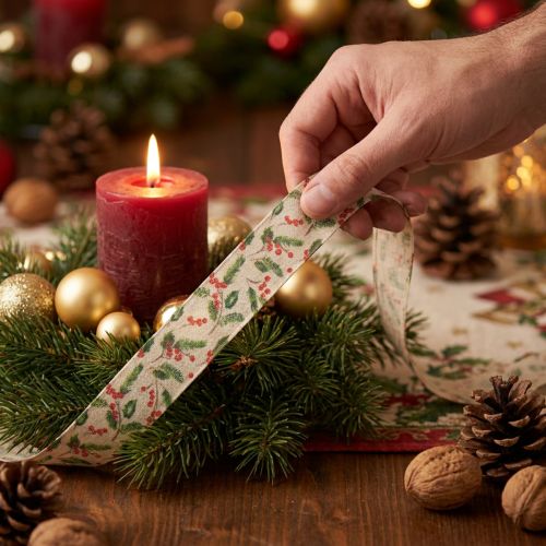 Prodotto Nastro decorativo con agrifoglio e bacche, bordo dimensionalmente stabile, 25 mm, 18 m
