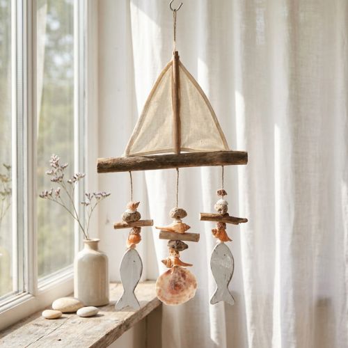 Prodotto Campanello a vento decorazione nave a vela pesce legno bianco naturale H56cm
