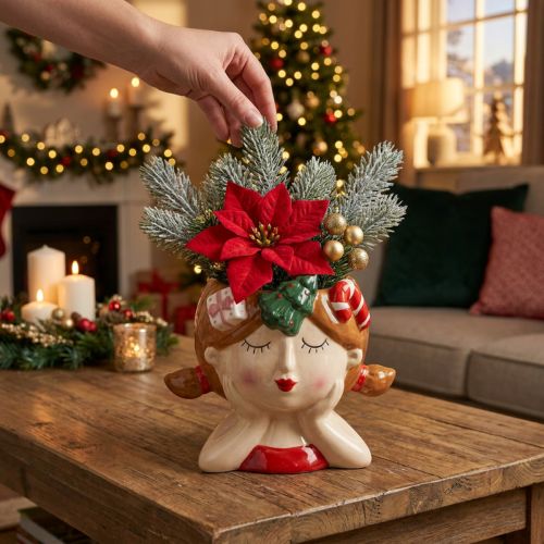 Vaso decorativo in ceramica a forma di testa di pianta, altezza 17 cm, per Natale | Floristik24.it