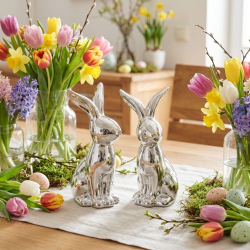 Coniglietto di Pasqua decorativo in ceramica Coniglio decorativo seduto Argento 18cm 2 pezzi | Floristik24.it