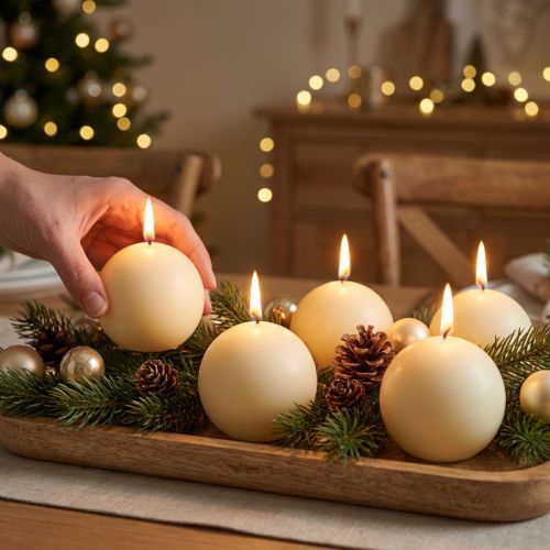 Candele a sfera color crema, 60 mm, set da 16, candele natalizie, atmosfera festosa, marchio di qualità RAL | Floristik24.it