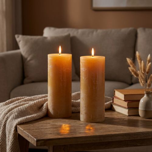 Set di candele a colonna XXL, color miele, crea un'atmosfera accogliente, 85x200 mm, durata di combustione 100 ore, confezione da 2 | Floristik24.it