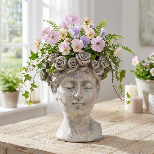 Prodotto Vaso da fiori con busto di donna, testa di pianta effetto cemento, altezza 18 cm